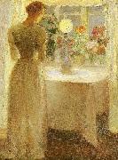 Anna Ancher ung pige foran en tandt lampe oil painting artist